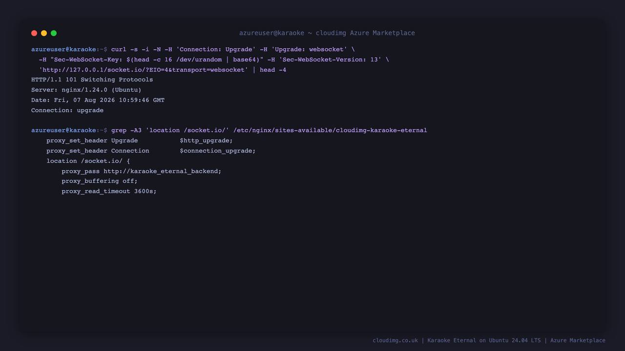 The websocket upgrade succeeding through nginx, and the proxy configuration behind it