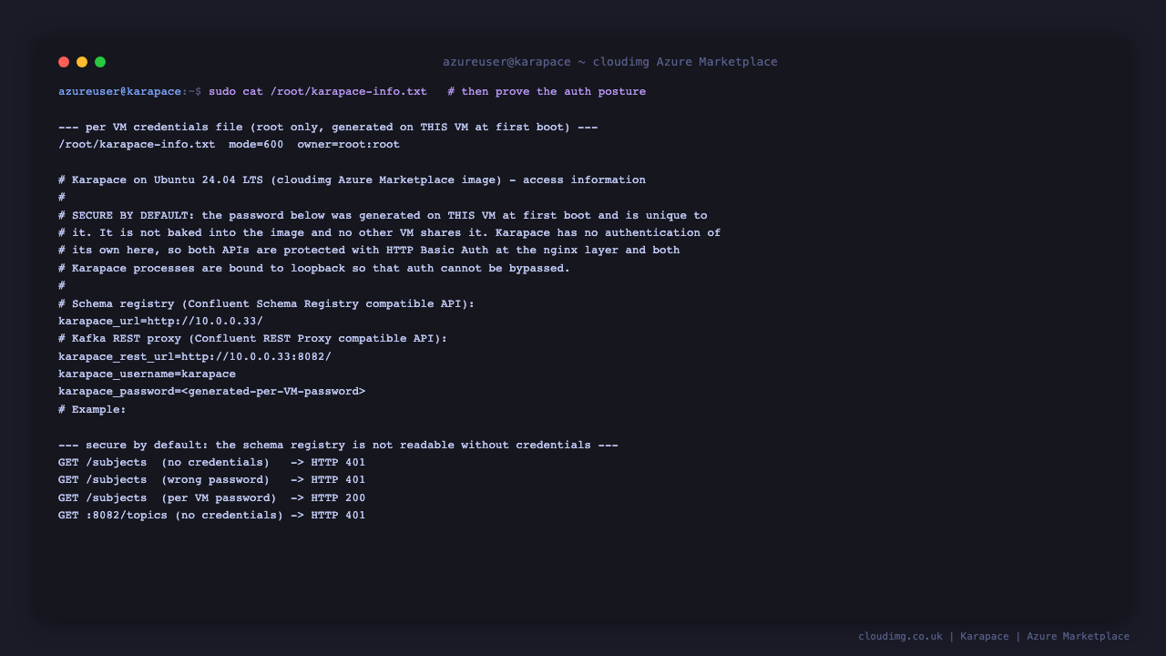 The per VM Karapace credentials file, owned root only with mode 600, showing the registry URL, the REST proxy URL, the username and the generated password masked, alongside the authentication round trip where an unauthenticated request and a wrong password are both rejected with 401 and the per VM password is accepted with 200