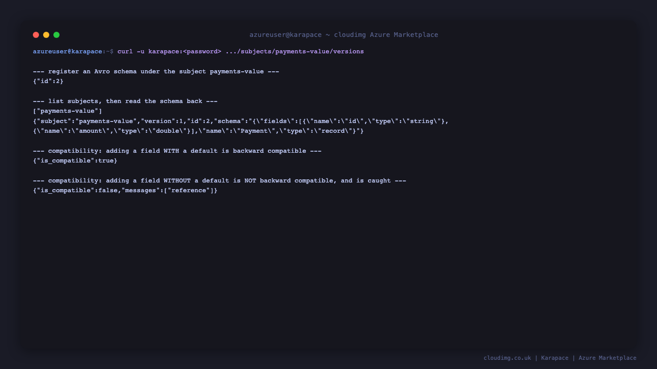 Registering an Avro schema for the payments-value subject and receiving a schema id, listing the subjects, reading the schema back with its version and id, then a compatibility check where adding a field with a default is accepted as compatible and adding a mandatory field without a default is correctly rejected as incompatible