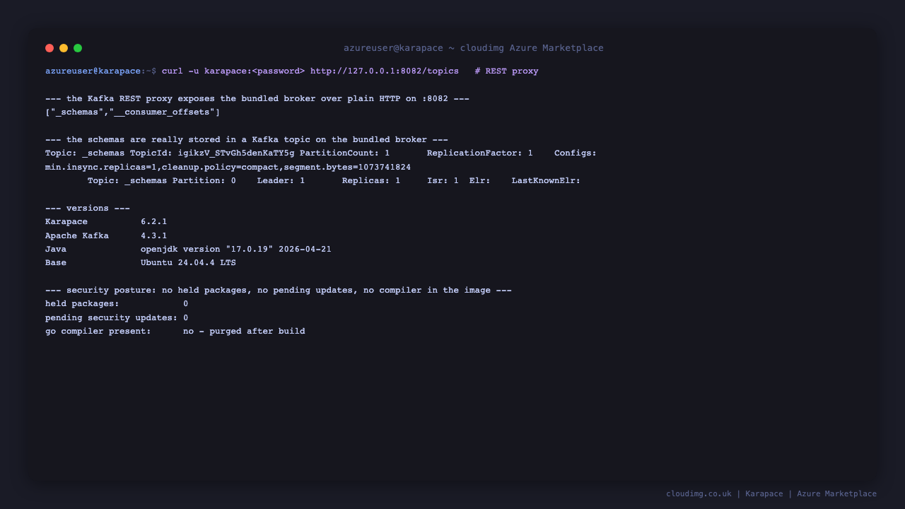 The Kafka REST proxy listing the topics on the bundled broker over plain HTTP, the _schemas topic described from the Kafka command line tools showing it really holds the registry's data, the installed Karapace, Apache Kafka, Java and base OS versions, and a security summary reporting zero held packages, zero pending security updates and no Go compiler left in the image