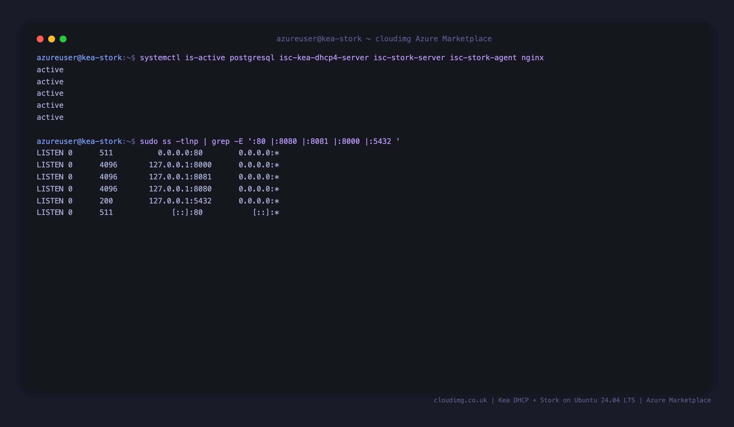 postgresql, Kea, the Stork server and agent, and nginx all active, with the Kea control channel, Stork server, Stork agent and PostgreSQL on loopback and only nginx on public port 80