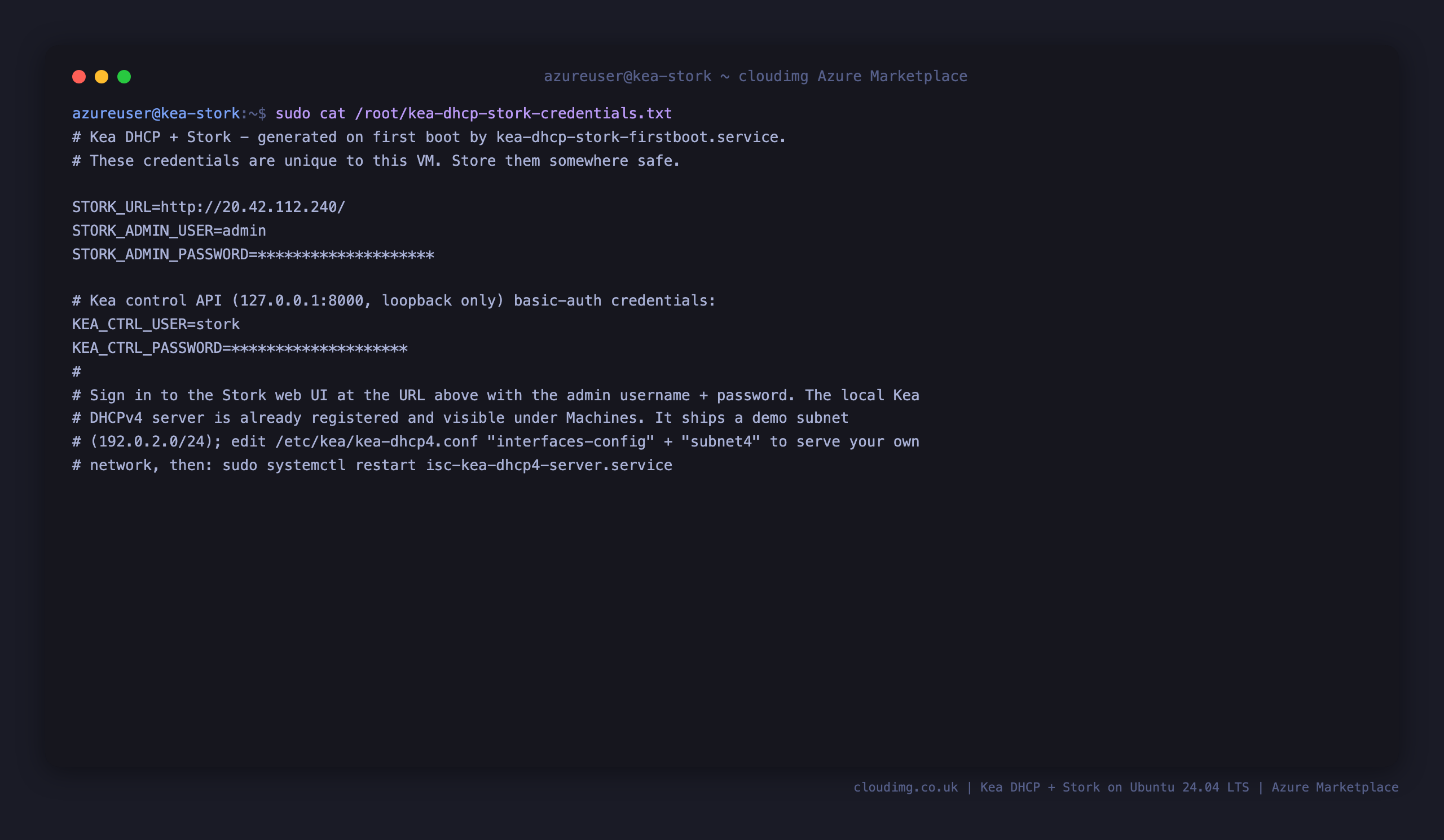 The per-VM Kea and Stork credentials file, with the Stork admin password and the Kea control API credential masked