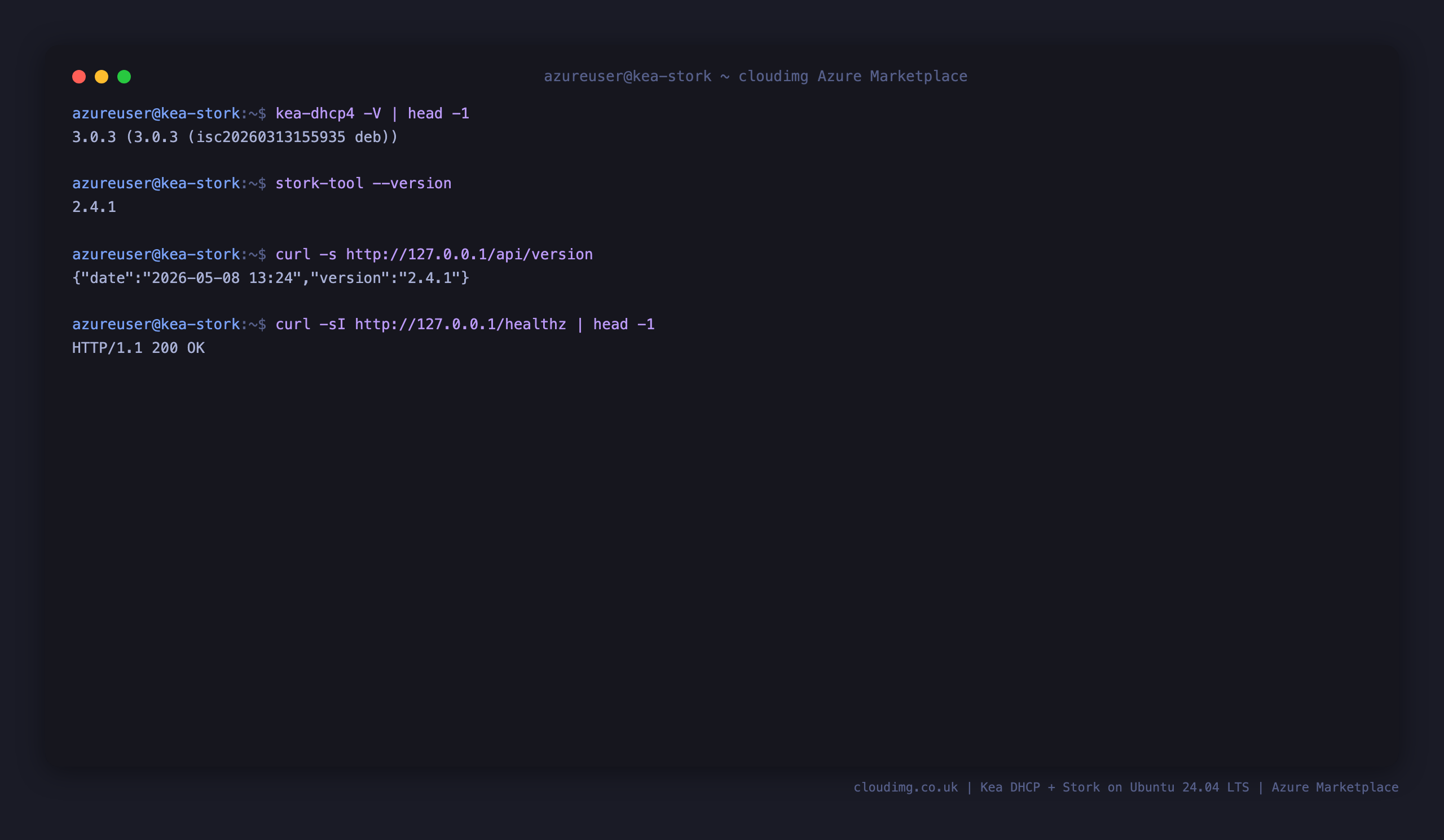Kea 3.0.3 and Stork 2.4.1 versions, the Stork API version endpoint, and the healthz endpoint returning 200