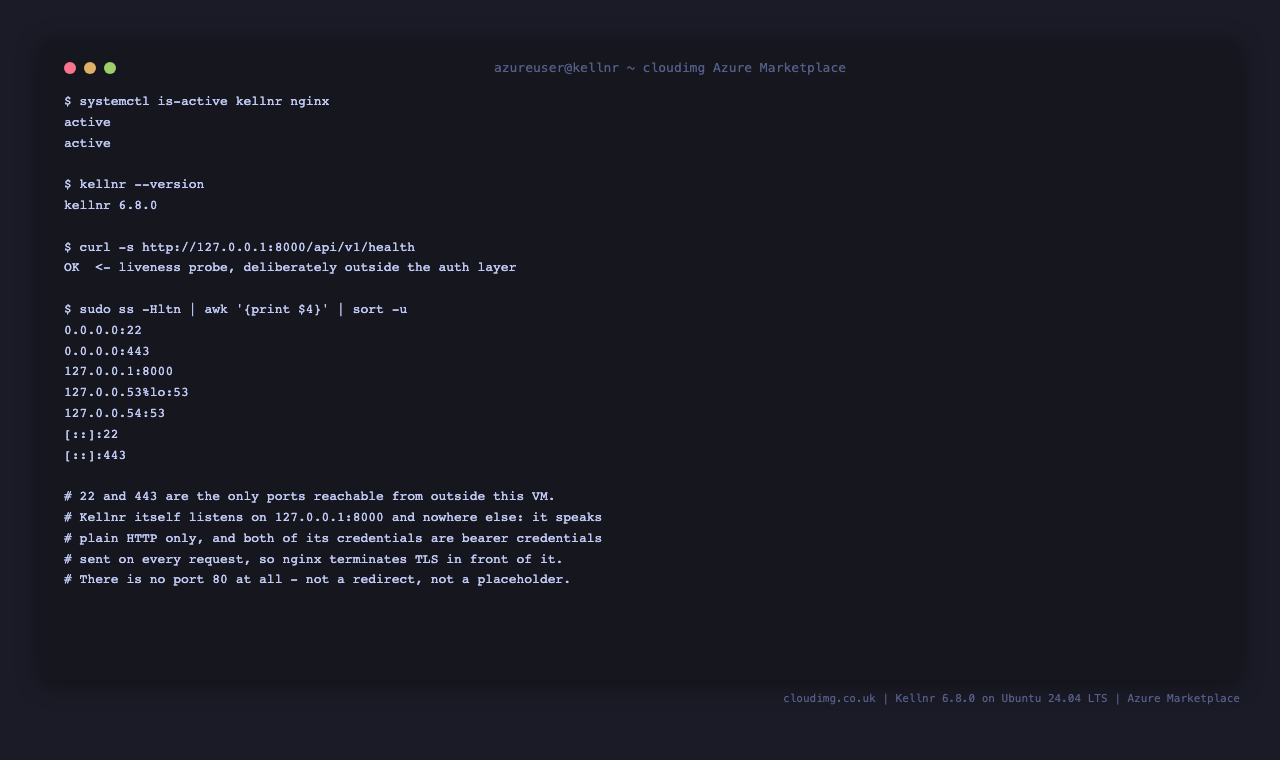 Kellnr and nginx running, with the exact listening sockets and kellnr itself on loopback
