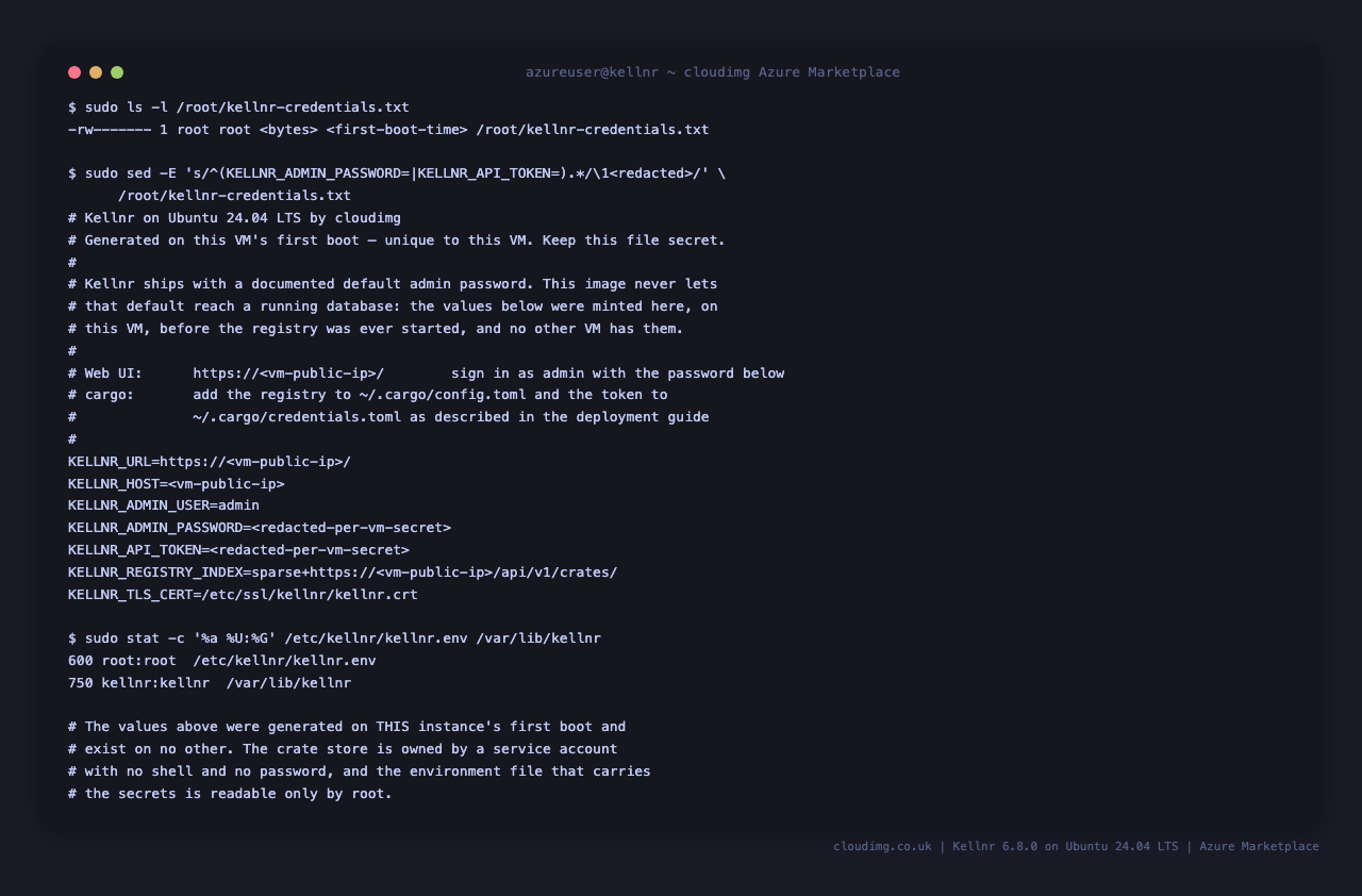The per-VM credentials file, with the password and token redacted, and the permissions on the crate store