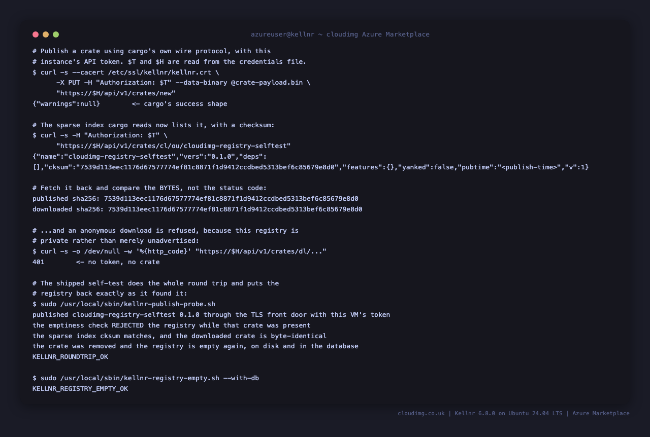 Publishing a crate with cargo's wire protocol, fetching it back byte-identical, and the registry left empty
