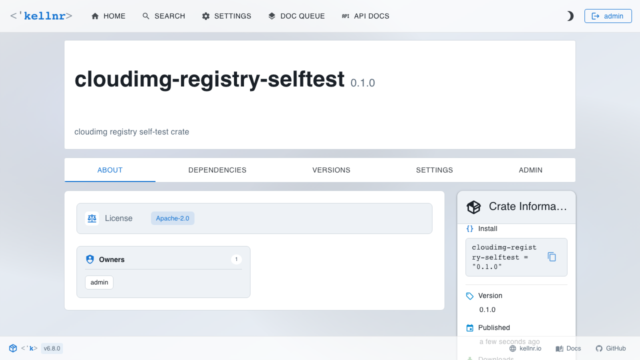 A published crate's page showing its version and the Cargo.toml dependency line