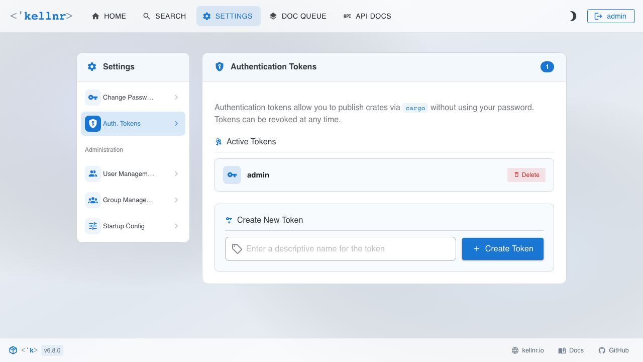 The authentication tokens page, where per-pipeline cargo tokens are issued and revoked