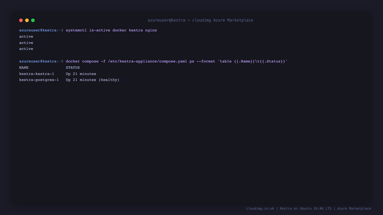The Kestra server and bundled PostgreSQL containers running under systemd, with the health endpoint returning 200