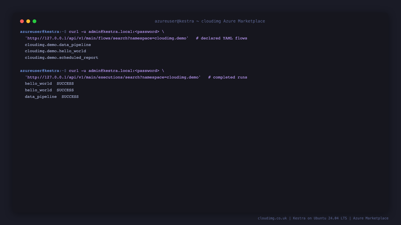 Declared flows and their completed executions listed from the Kestra API