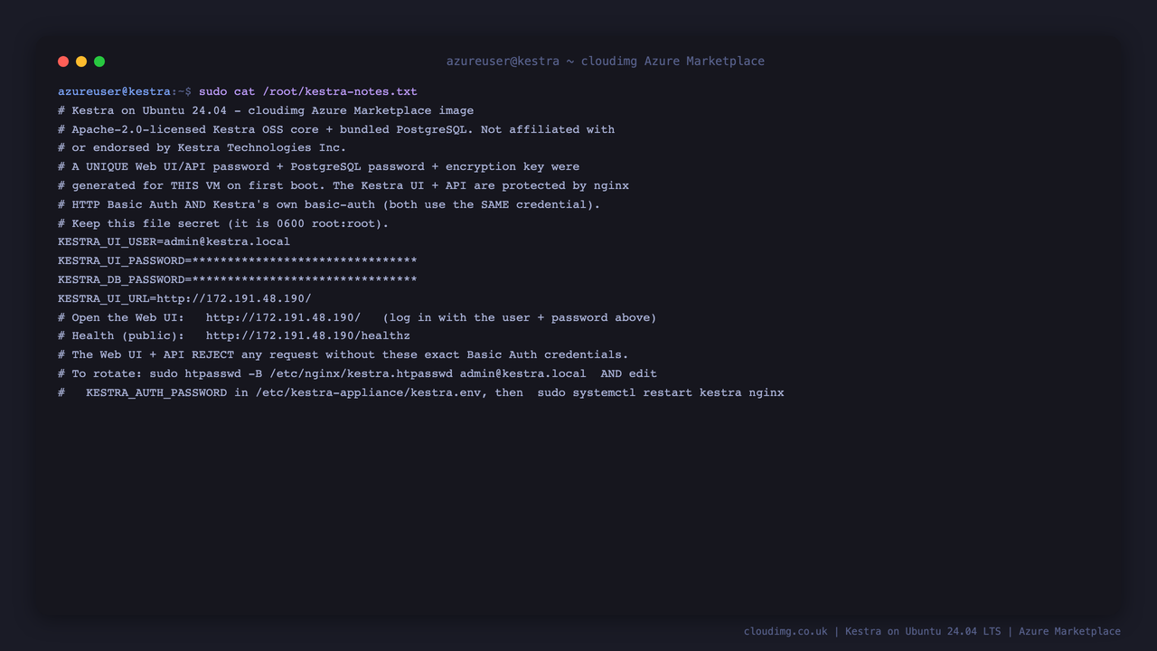 The per-VM access notes, with the web UI password and database password masked