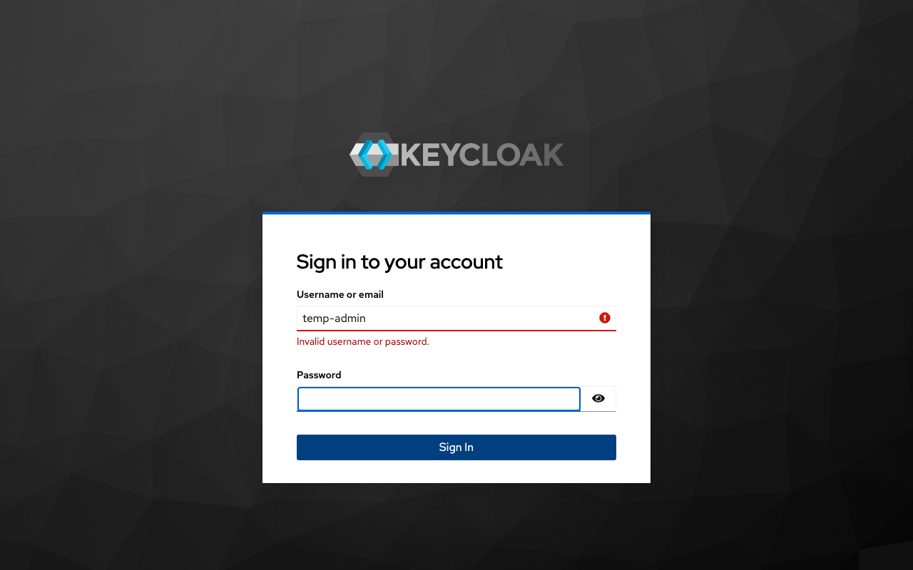 The Keycloak admin console sign-in page (master realm), served over HTTPS