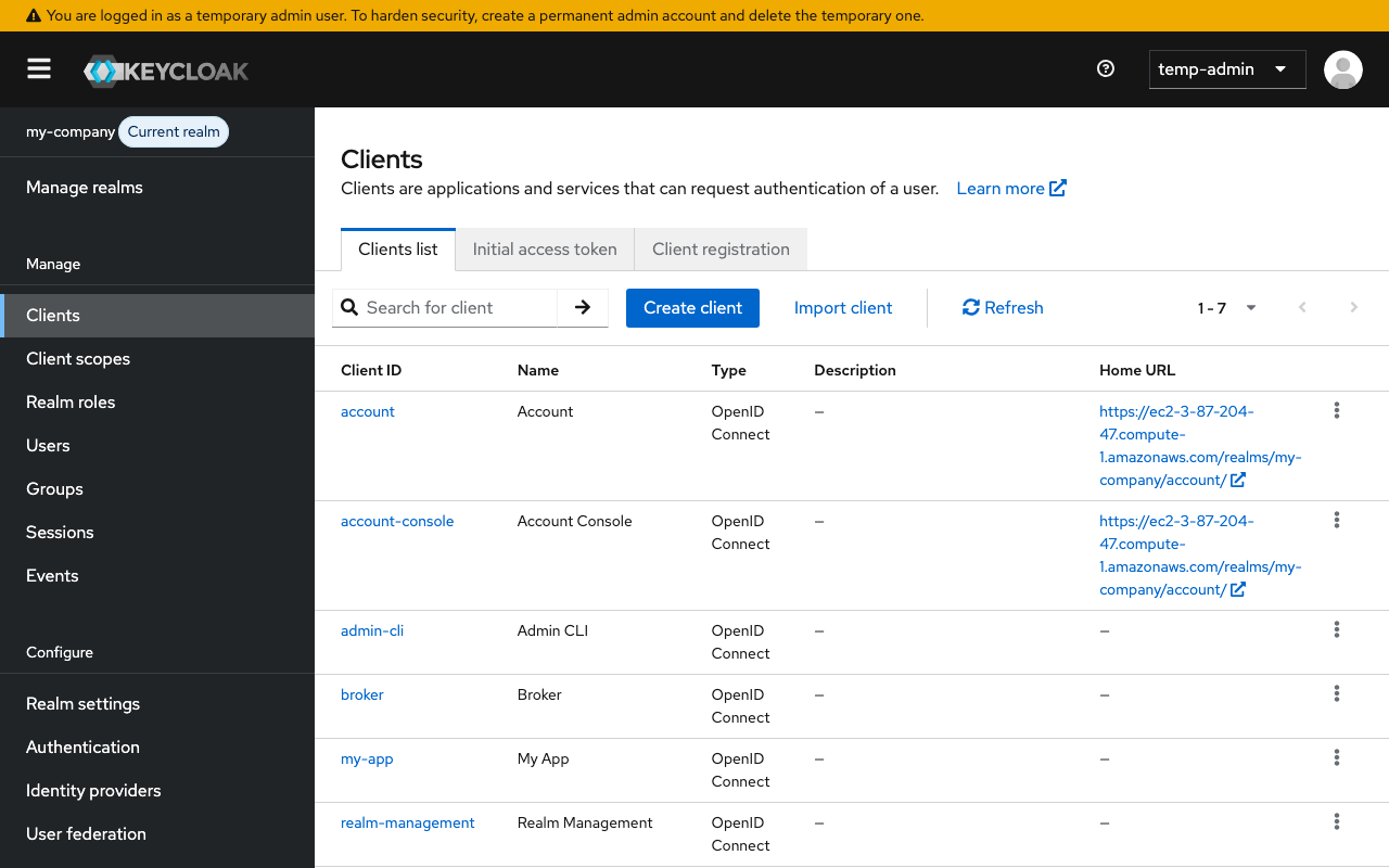 The my-app client in the my-company realm
