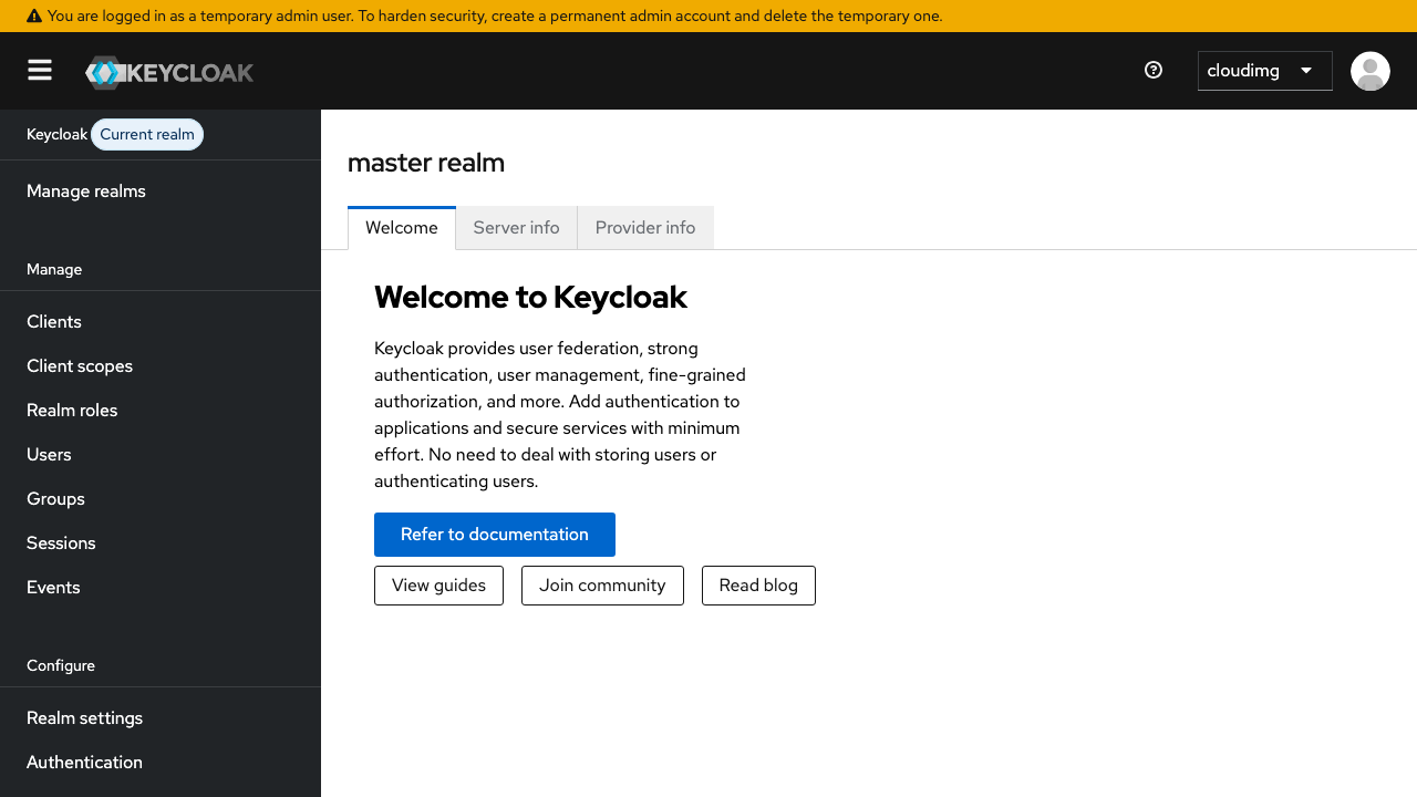 Keycloak 26 admin console for the master realm — realm management dashboard