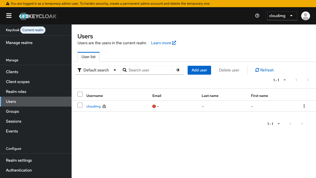 Keycloak Users page in the master realm — cloudimg administrator user listed