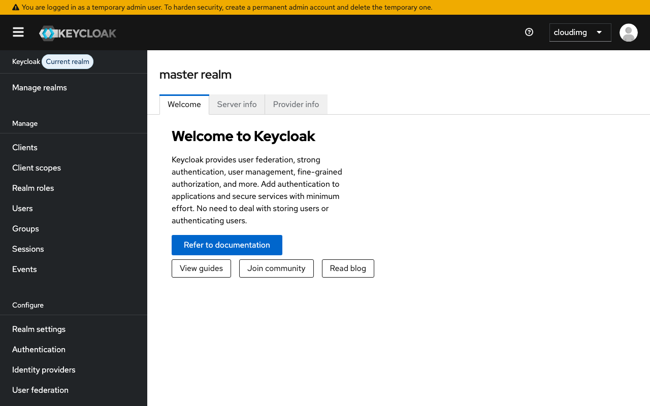 Keycloak master realm overview