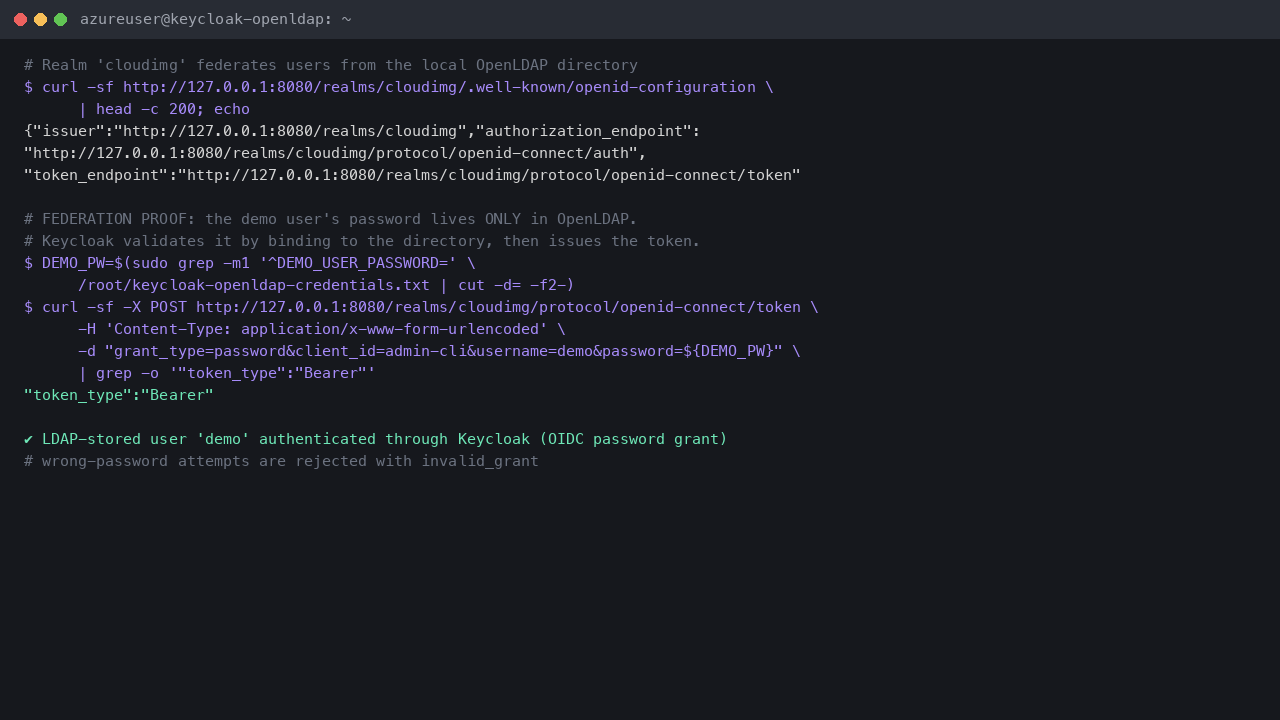 OIDC discovery for realm cloudimg and a successful password grant for the LDAP stored demo user