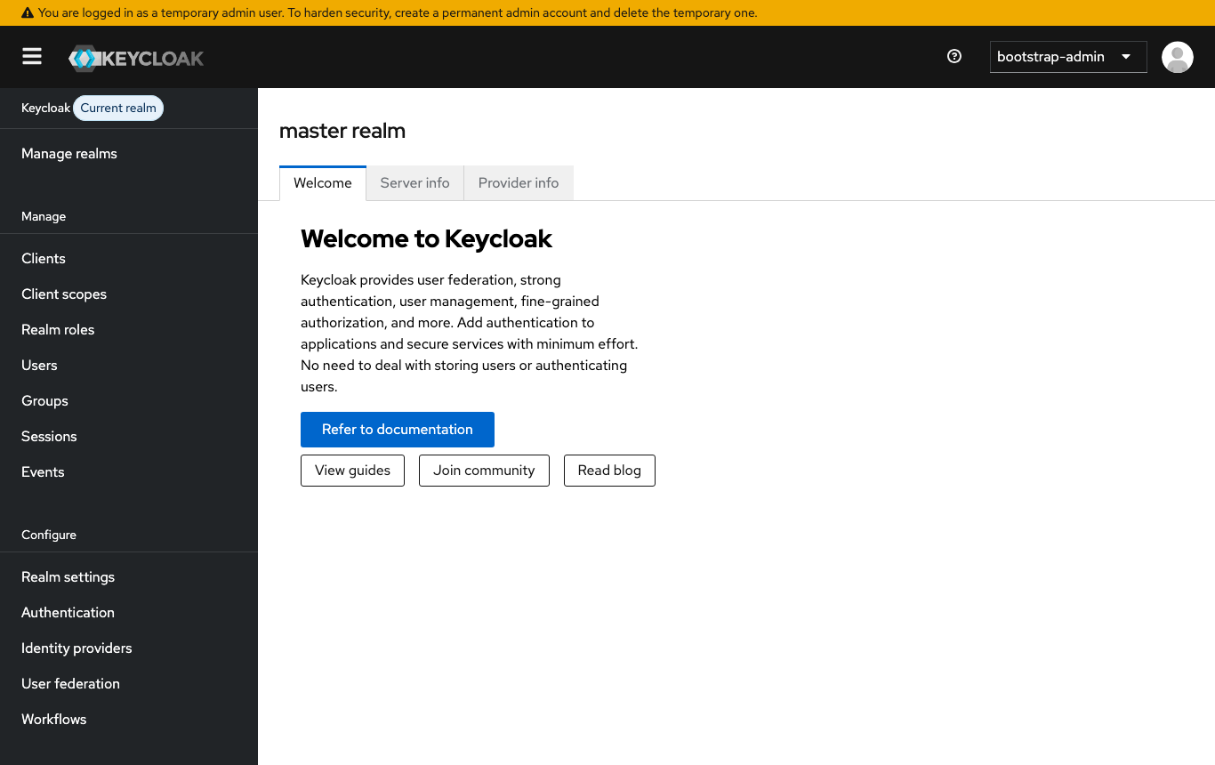 Keycloak admin console, signed in as the temporary admin