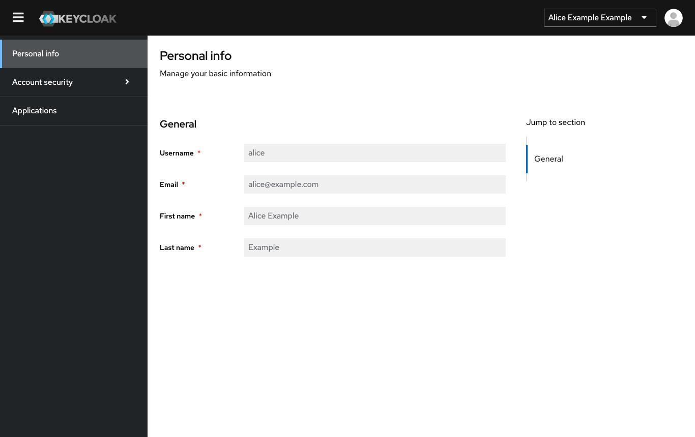 Alice signed in to the account console through the LDAP federation