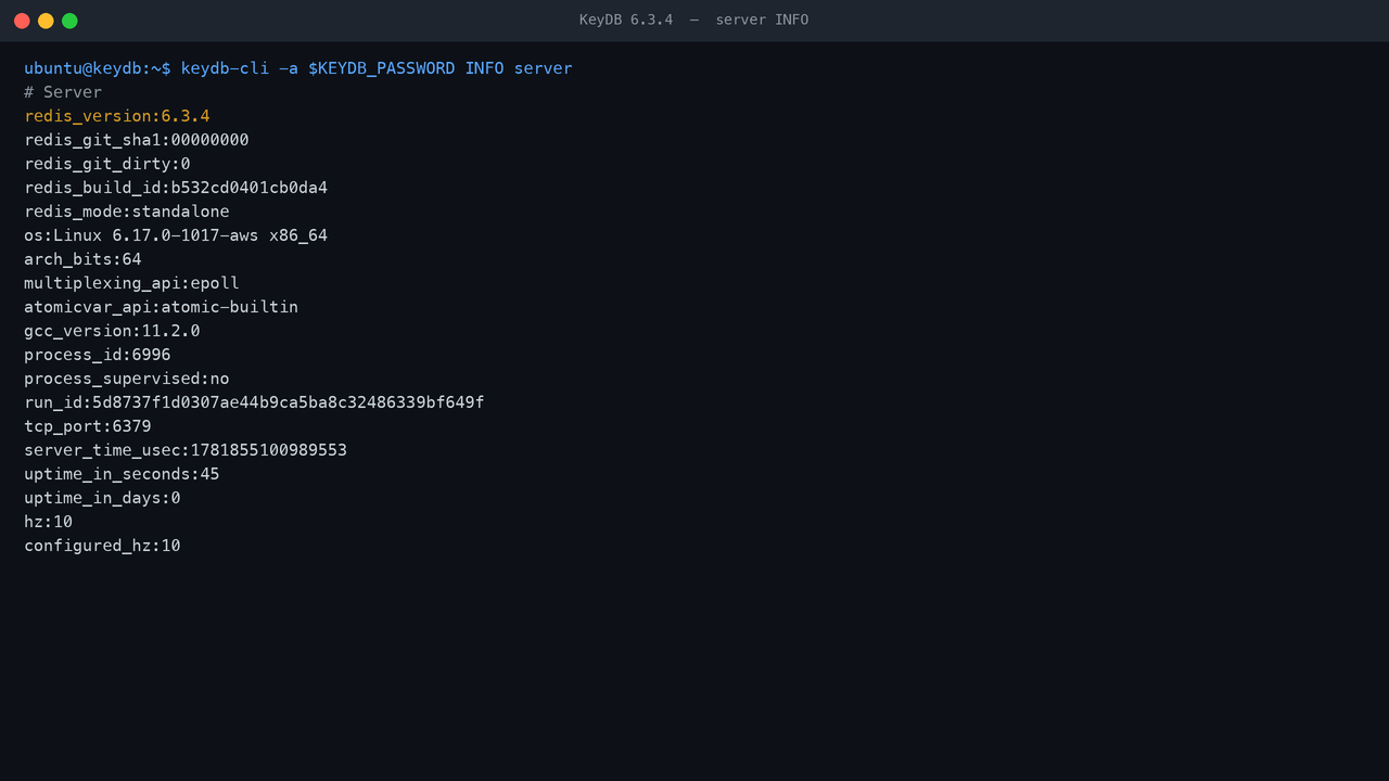 KeyDB INFO server output showing the running version and server details