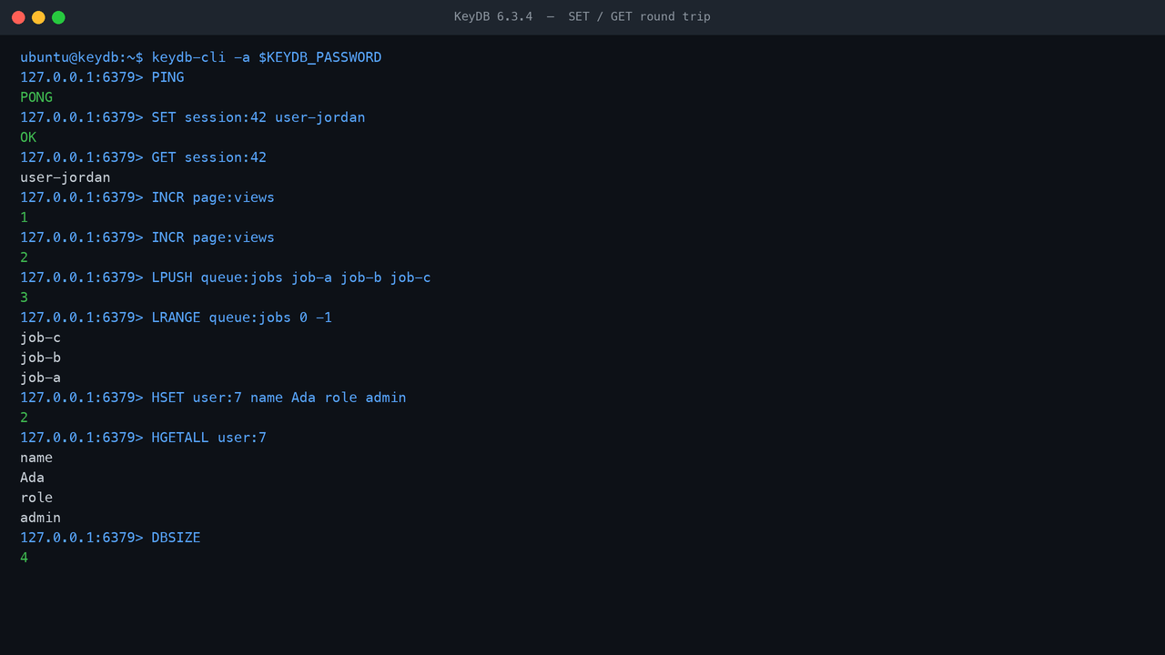 A SET and GET round trip against KeyDB over the Redis protocol using keydb-cli