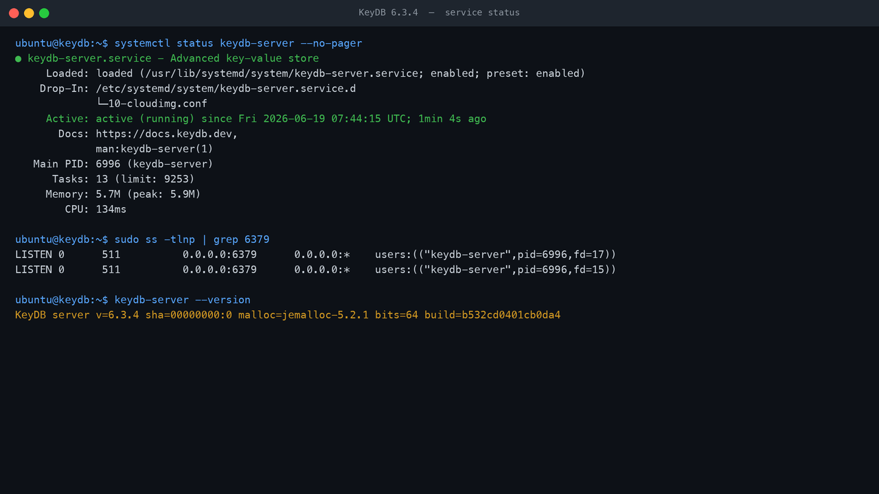 KeyDB service status confirming the keydb-server service is active and listening on port 6379