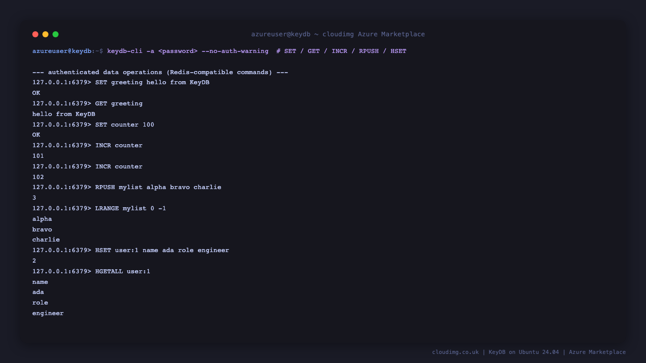 KeyDB authenticated SET GET INCR LPUSH demo