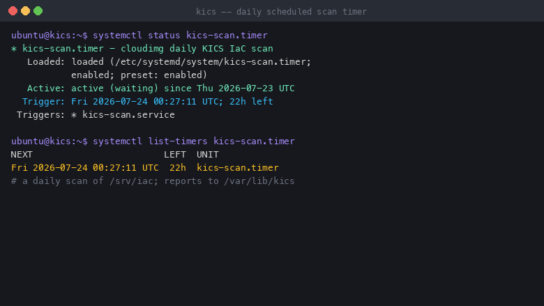 The kics-scan.timer systemd timer active and scheduled for the next daily infrastructure-as-code scan of the target directory