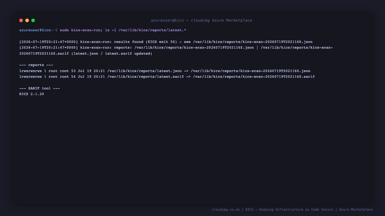 Scheduled KICS scan writing JSON and SARIF reports