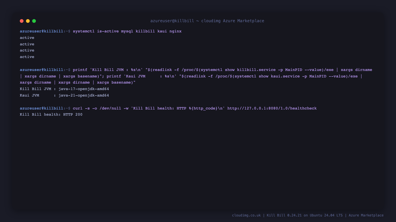The Kill Bill and Kaui services, their JVMs and the health check on a running VM