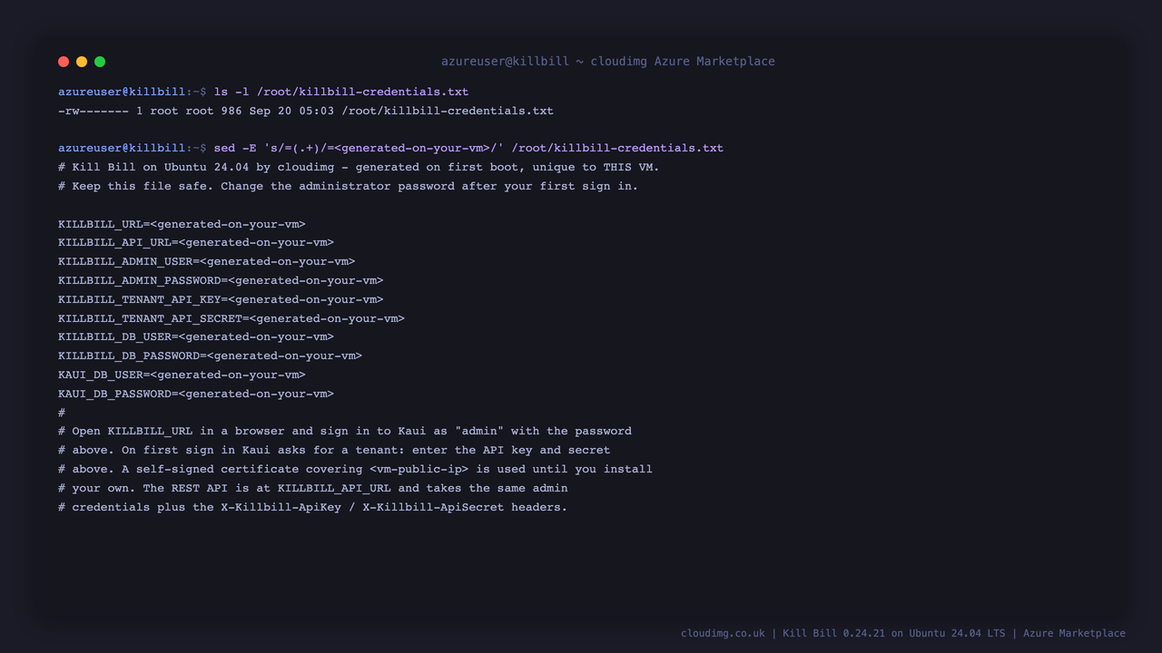 The per-VM credentials file, with every value redacted for this guide