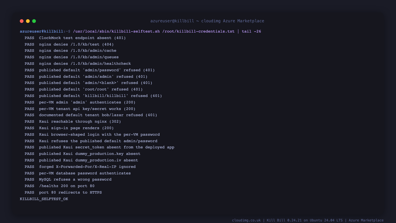 The self-test signing in with the per-VM password and refusing every published default