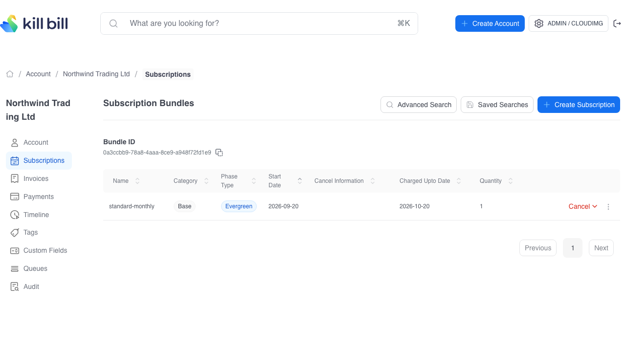The Kaui subscriptions view showing an active monthly plan charged a period forward
