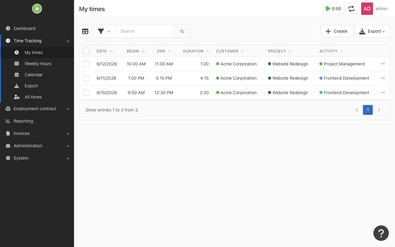 Kimai timesheet