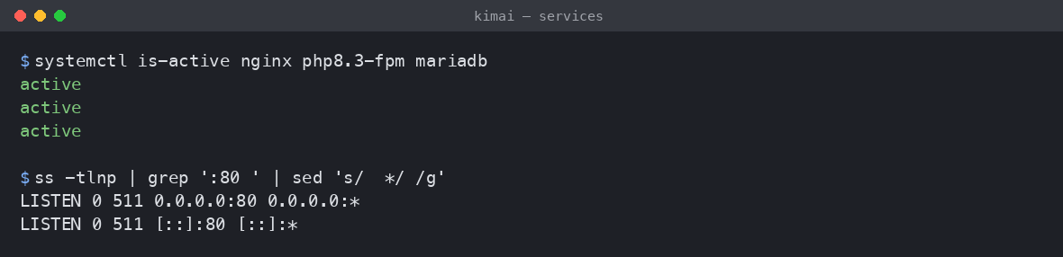 The nginx, php8.3-fpm and mariadb services reporting active, with nginx listening on port 80