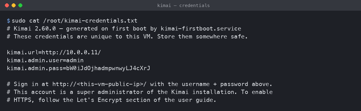 The per VM Kimai credentials file, showing the admin user, the generated password and the site URL