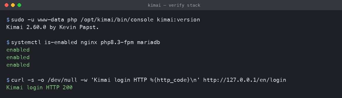 The Kimai 2.60.0 version, the enabled nginx, php8.3-fpm and mariadb units, and the login page returning HTTP 200