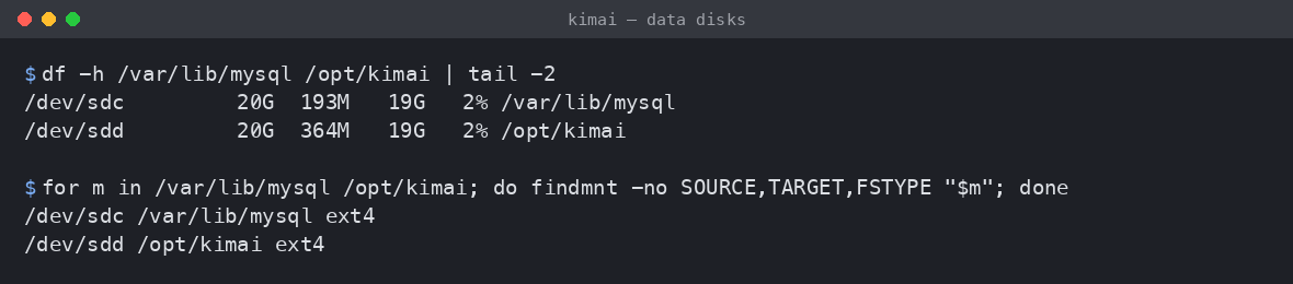 The two dedicated Kimai data disks mounted at /var/lib/mysql and /opt/kimai, both ext4