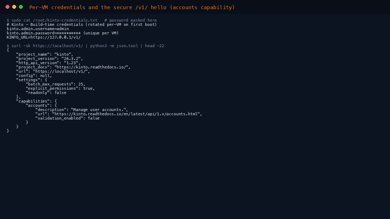 Per-VM admin username and password in /root/kinto-credentials.txt; /v1/ hello advertises the accounts capability