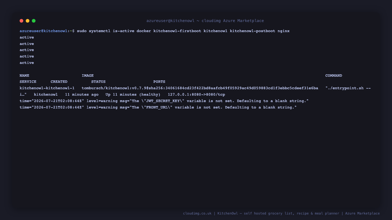 The docker, kitchenowl-firstboot, kitchenowl, kitchenowl-postboot and nginx services all active, and the kitchenowl compose container running and healthy