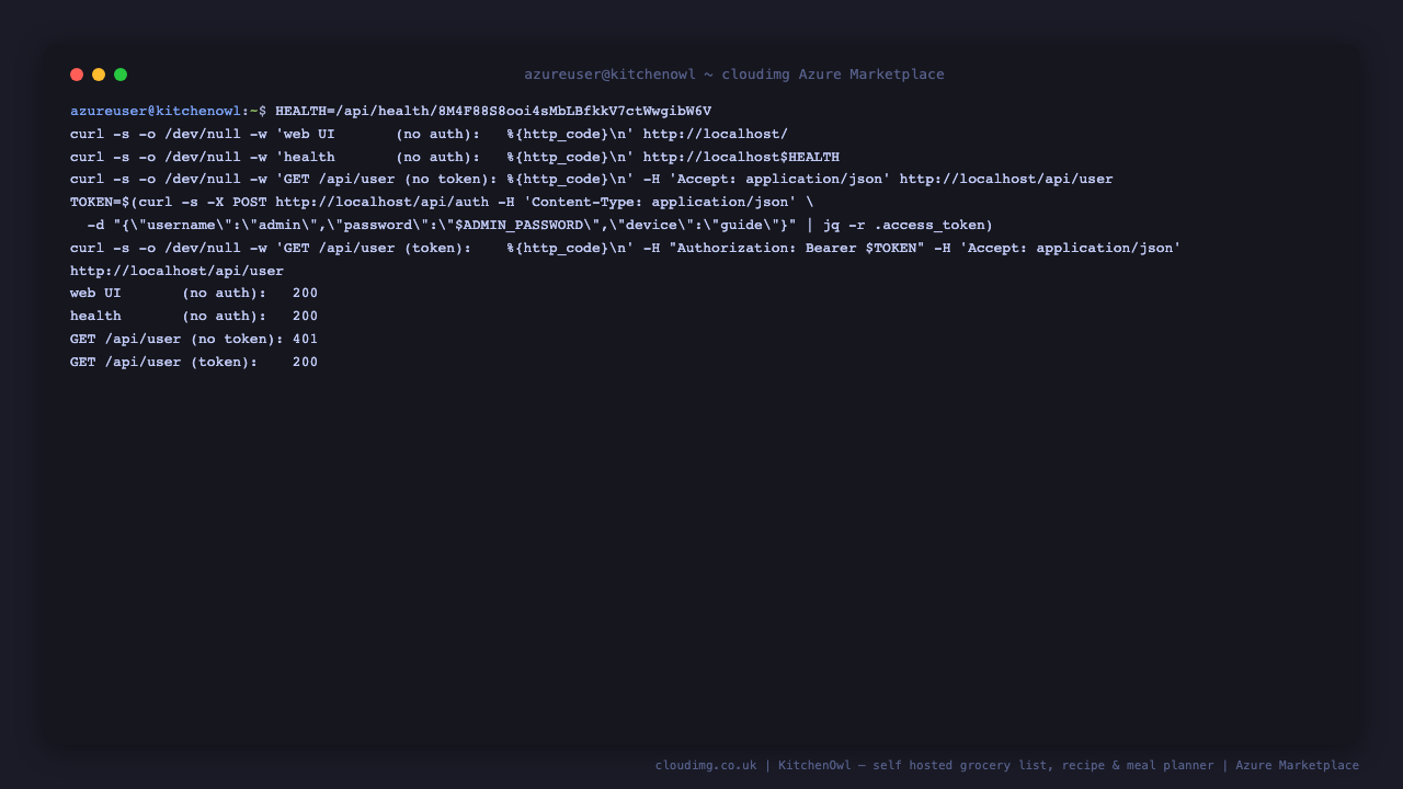 curl showing the web app returning HTTP 200, the health endpoint returning 200, and the protected user endpoint returning 401 without a token and 200 with the per instance admin token