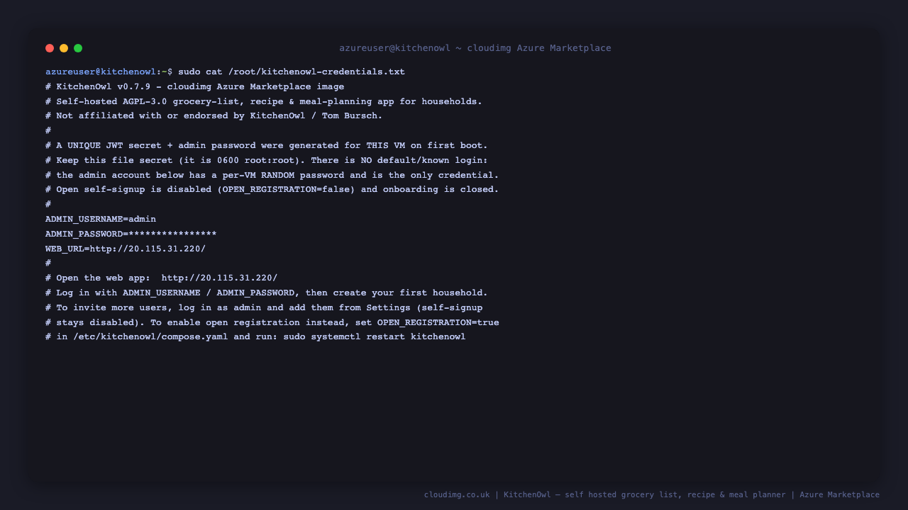 The kitchenowl-credentials.txt file at mode 0600 root root with the per VM admin username and password and the web URL, the password redacted, and a note that they are generated uniquely on first boot