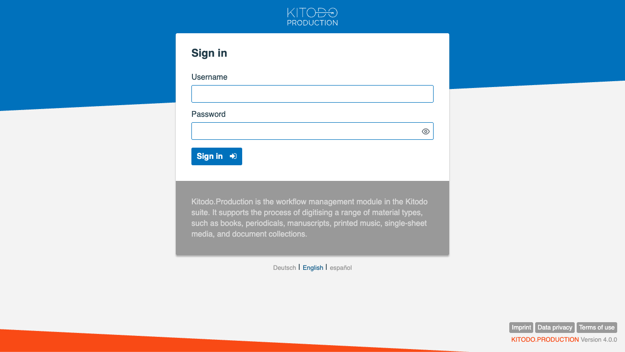 The Kitodo.Production sign-in page served over nginx on port 80, showing the Kitodo branding and the username and password fields, with the version 4.0.0 footer