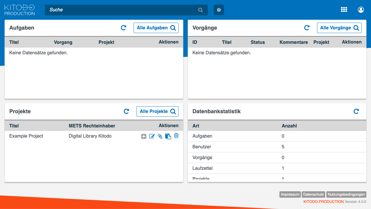 The authenticated Kitodo.Production desktop showing the Tasks, Processes and Projects panels, the Example Project row, and the database statistics panel