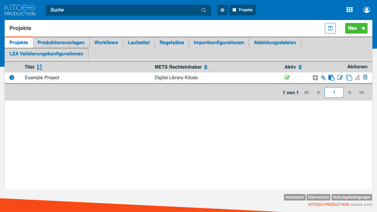 The Kitodo.Production Projects management view with tabs for Projects, Production templates, Workflows, Dockets, Rulesets, Import configurations and Mapping files, listing the Example Project