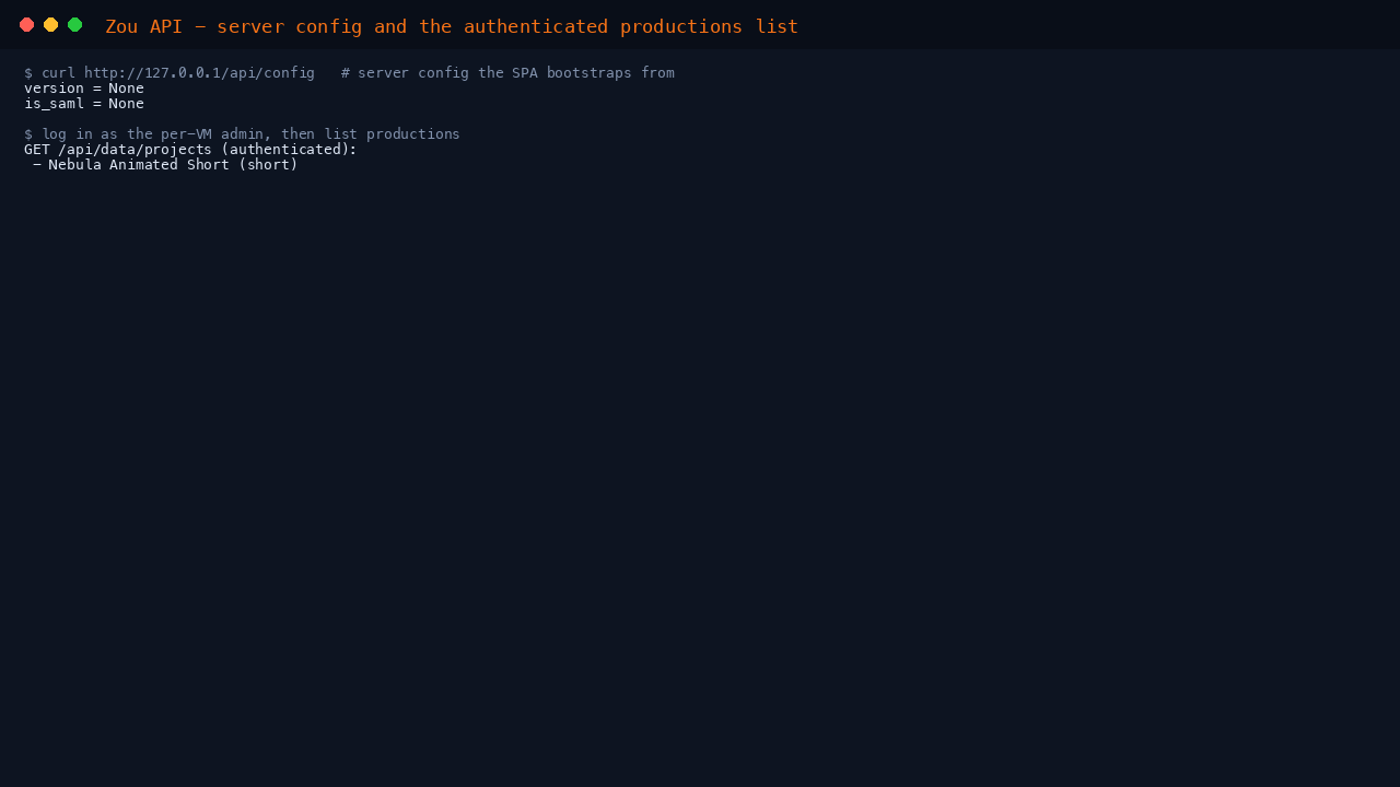 The Zou API server config and the authenticated productions list