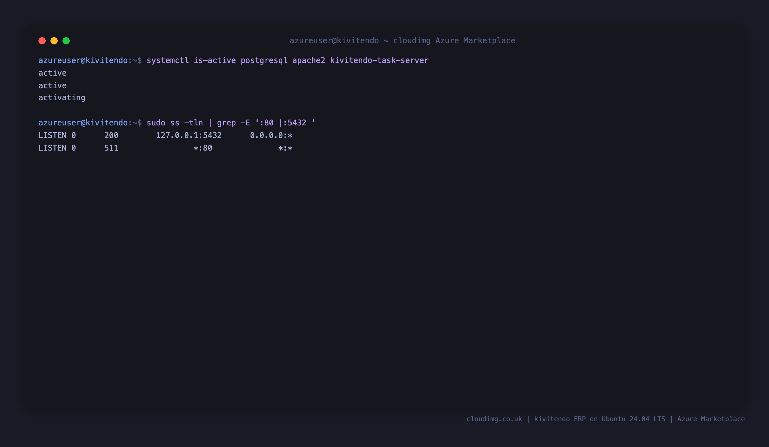 The postgresql, apache2 and kivitendo-task-server services reported active, with Apache listening on port 80 and PostgreSQL bound to loopback 127.0.0.1:5432