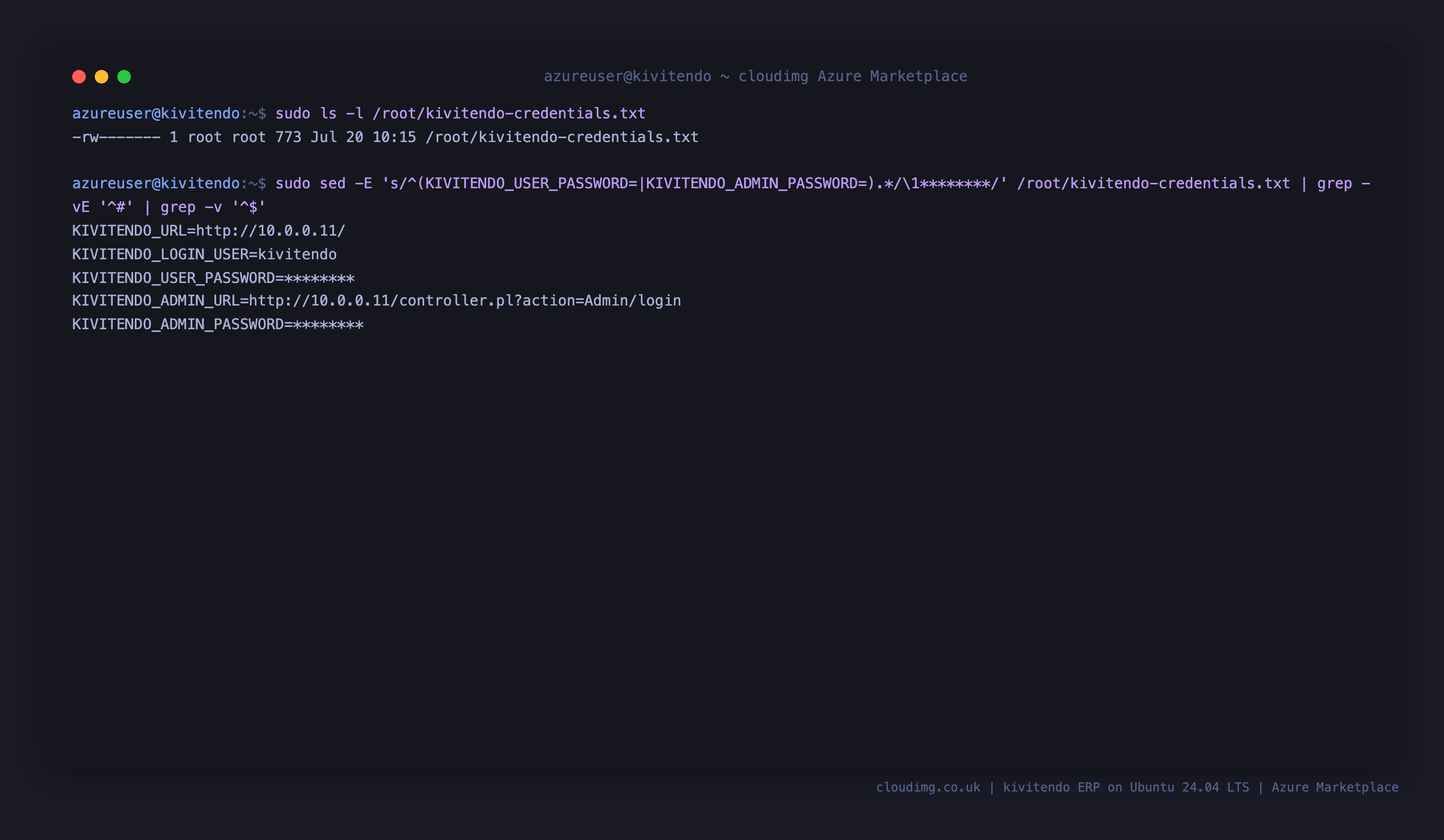 The per VM kivitendo credentials file, showing the login user kivitendo, the generated login password, the administration URL and the administration password