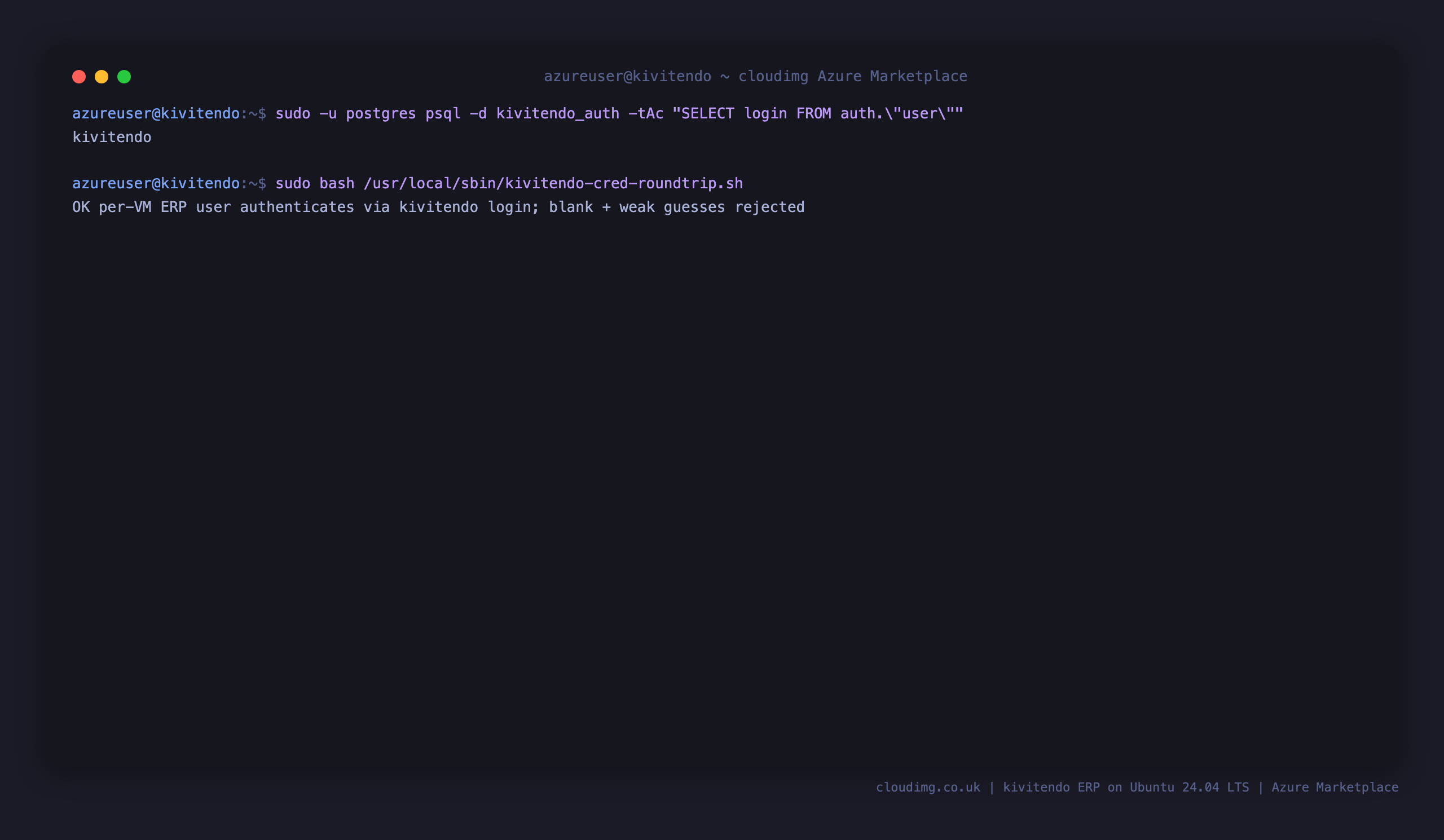 The kivitendo login user present in the authentication database, and the round-trip check confirming the per VM user authenticates via the kivitendo web login while a blank password and weak guesses are rejected