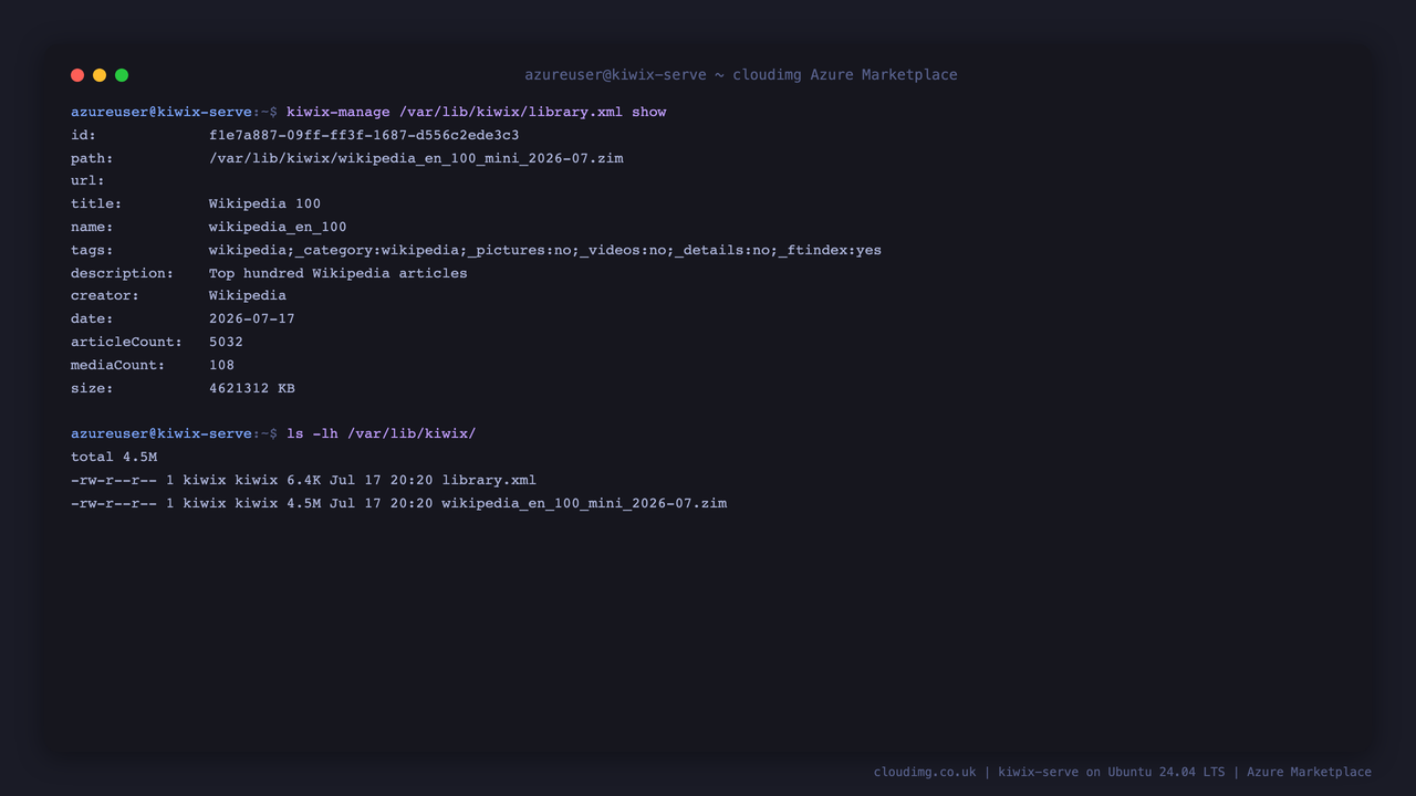 kiwix-manage show output listing the bundled Wikipedia 100 book with its article count and size, and the ls listing of the ZIM file and library.xml in /var/lib/kiwix